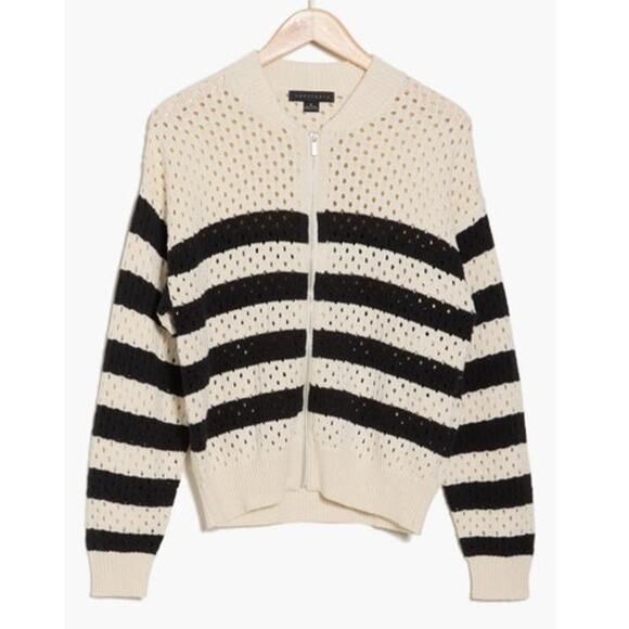 SANCTUARY Sweater Size XS NEW Open Knit Bomber Cardigan Cream Black Full Zip - Picture 8 of 8